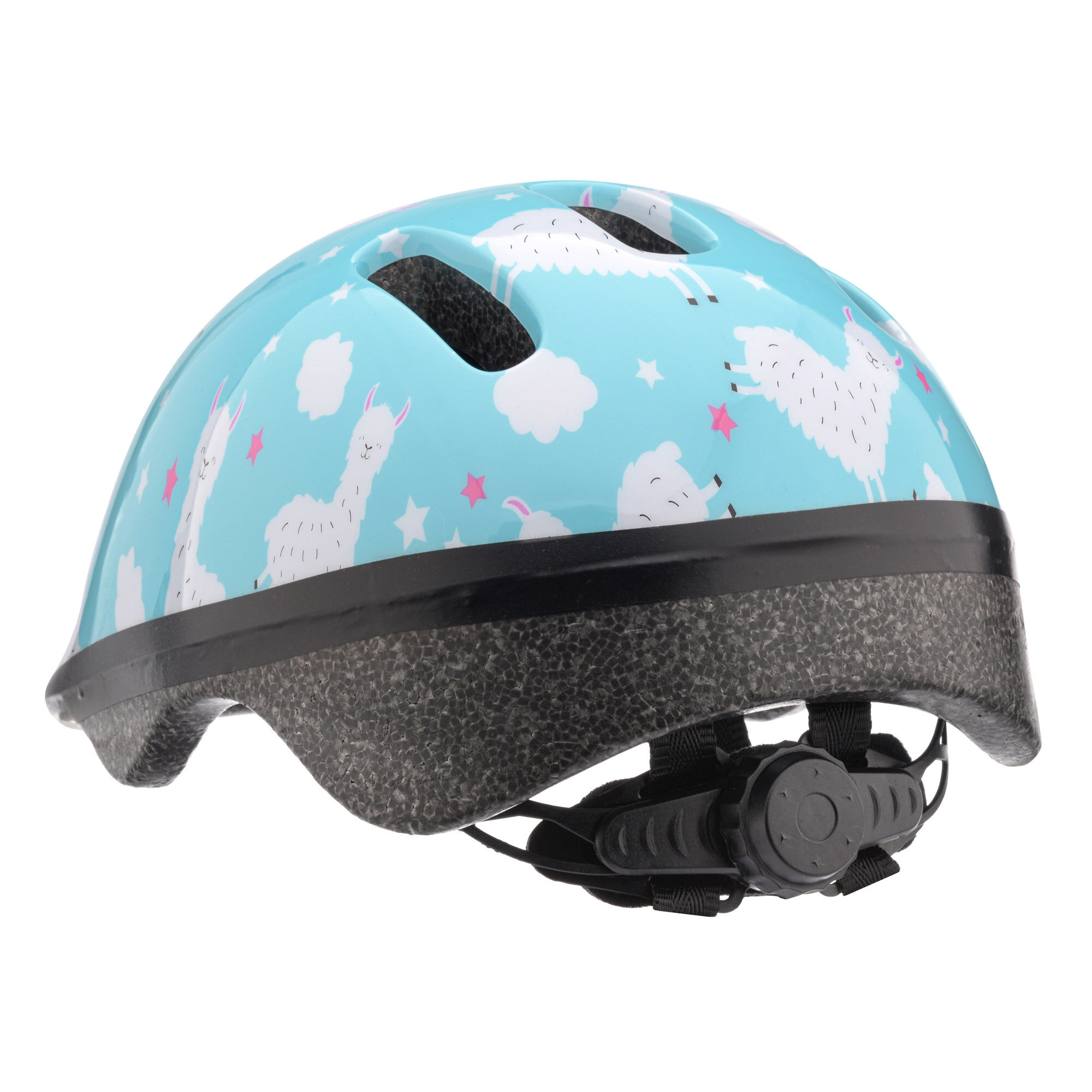 Kask rowerowy w kolorze niebieskim z motywem lam i chmur, posiada regulację z tyłu oraz otwory wentylacyjne.