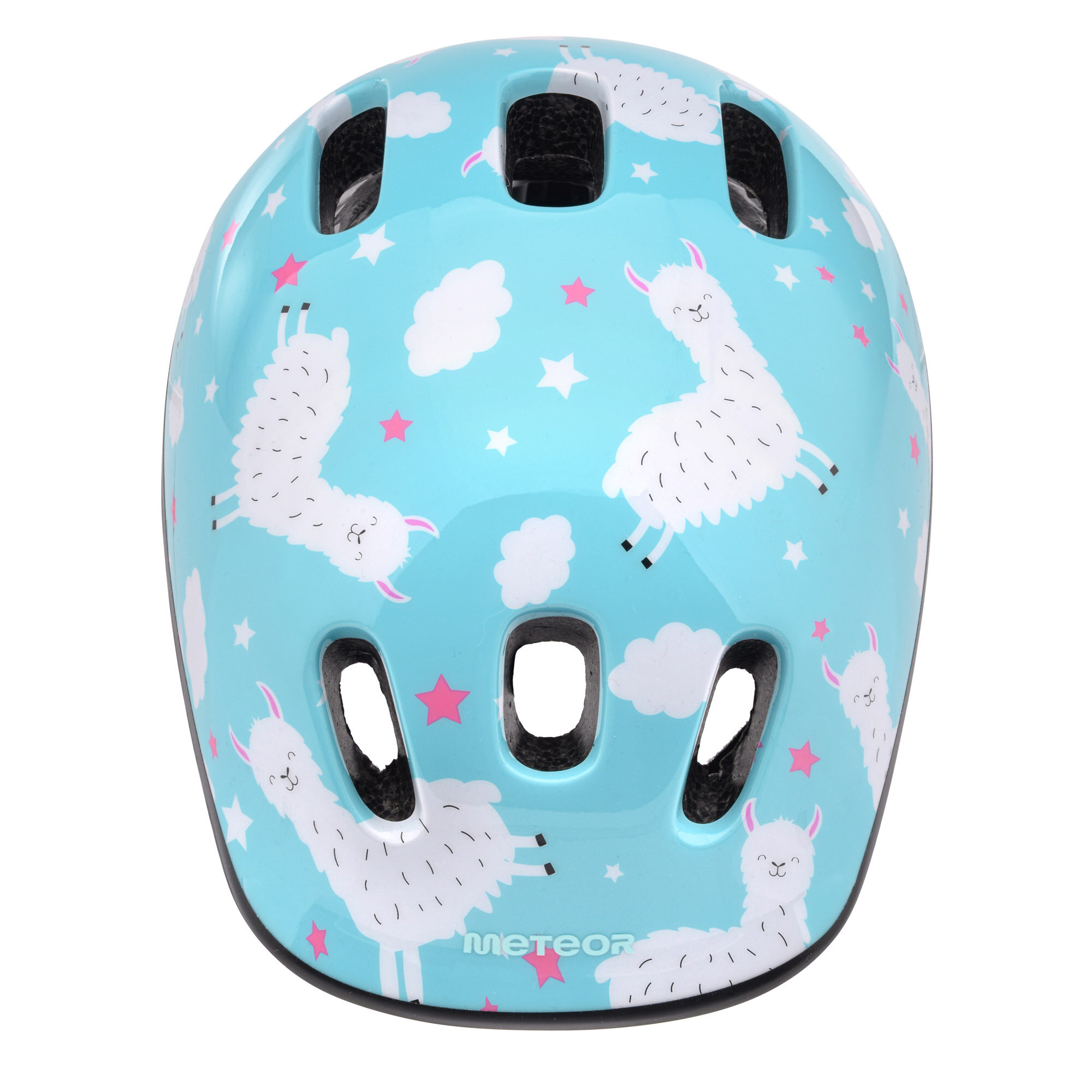 Kask rowerowy w kolorze niebieskim z wzorem przedstawiającym białe lamy, chmury i różowe gwiazdki. Na kasku widoczne jest logo \'meteor\'.