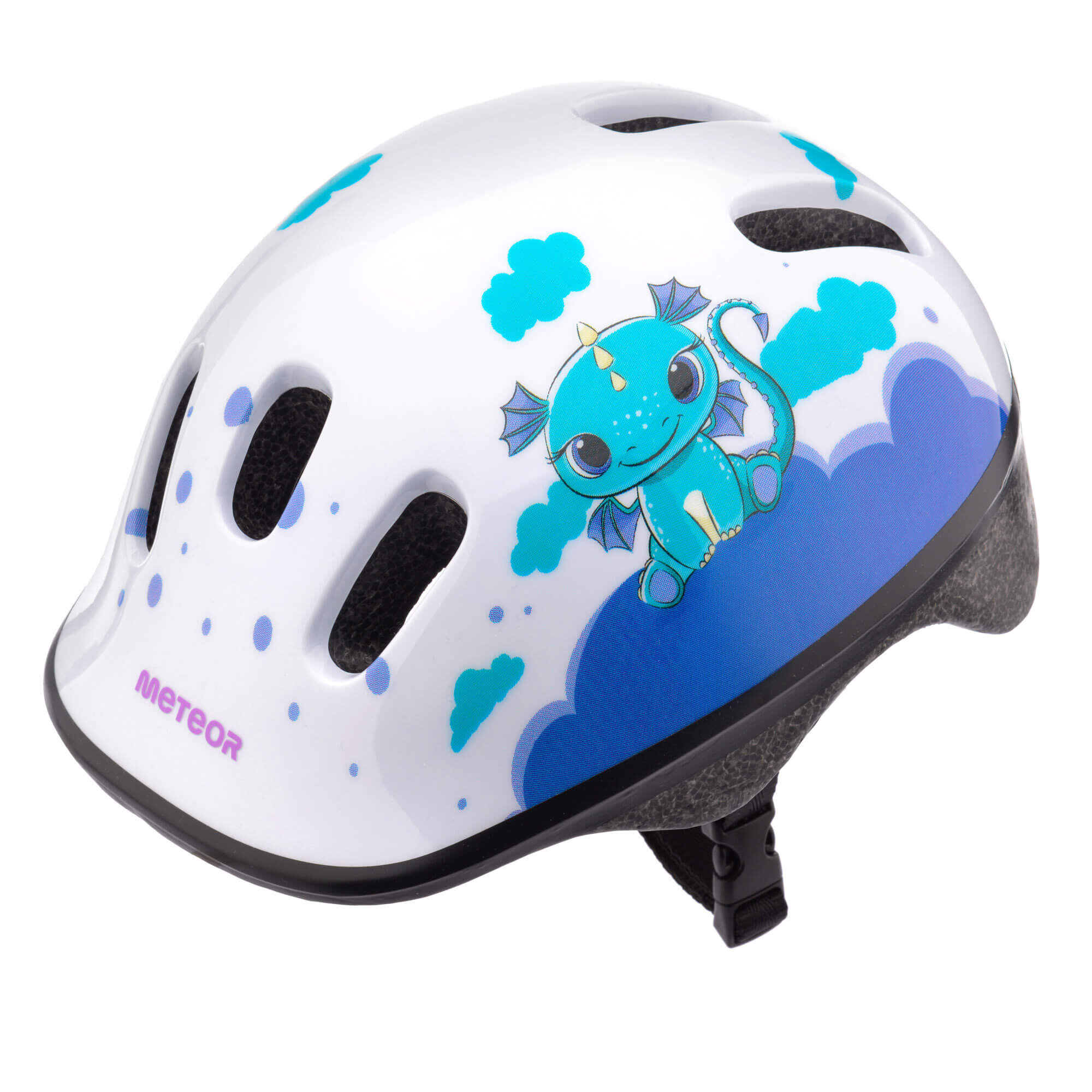 Biały kask rowerowy z niebieskim smokiem i chmurkami na boku. Widoczne logo \'METEOR\' w kolorze fioletowym.