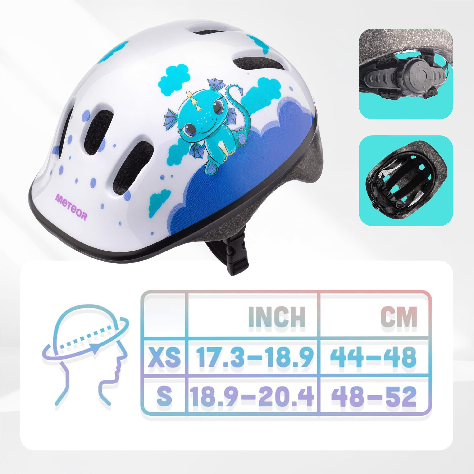 Kask rowerowy z grafiką smoka na tle chmur, z otworami wentylacyjnymi i regulacją z tyłu. Widoczna tabela rozmiarów: XS 17.3-18.9 cali (44-48 cm), S 18.9-20.4 cali (48-52 cm).
