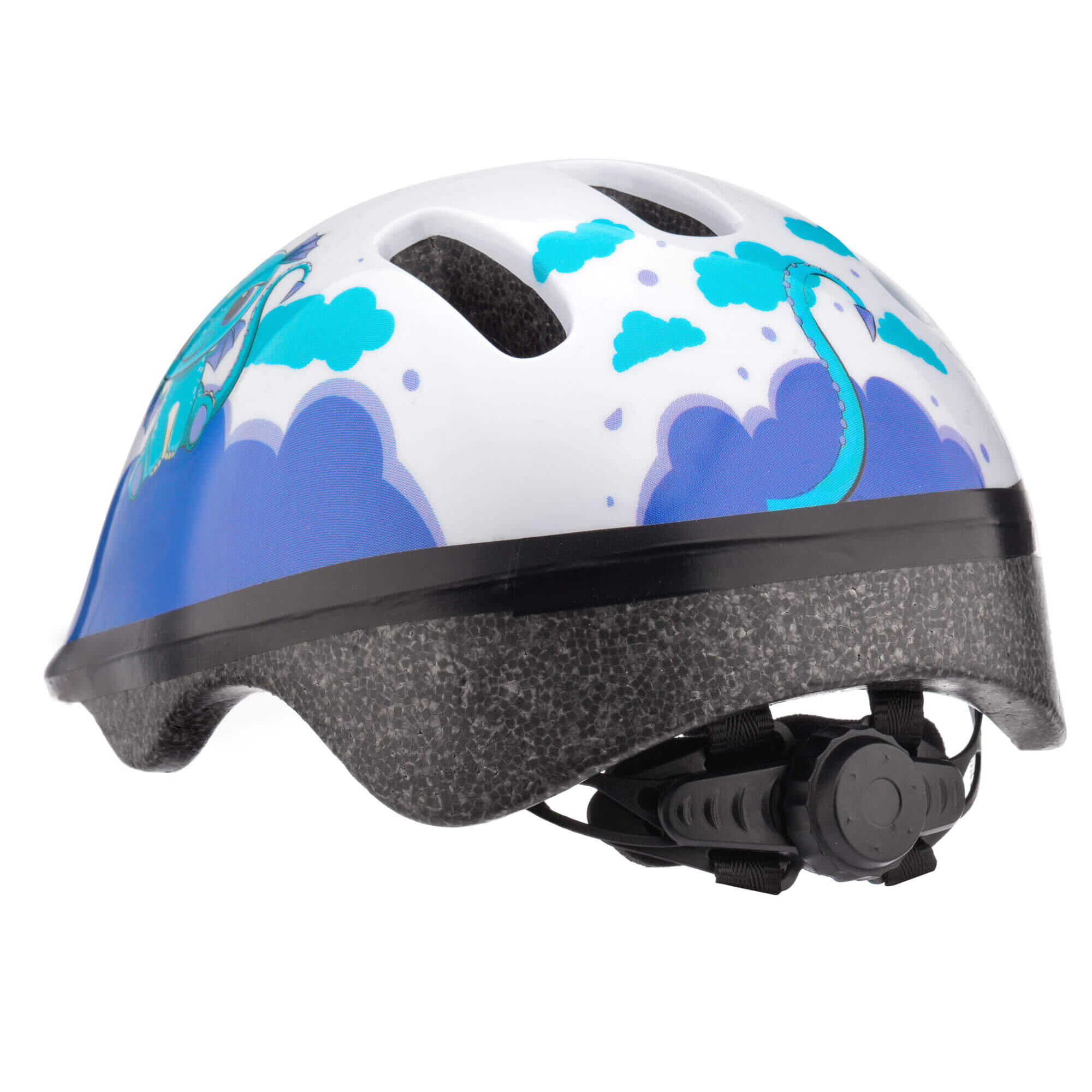 Kask rowerowy z grafiką przedstawiającą niebieskiego smoka i chmury na białym tle. Kask posiada regulację z tyłu oraz otwory wentylacyjne.
