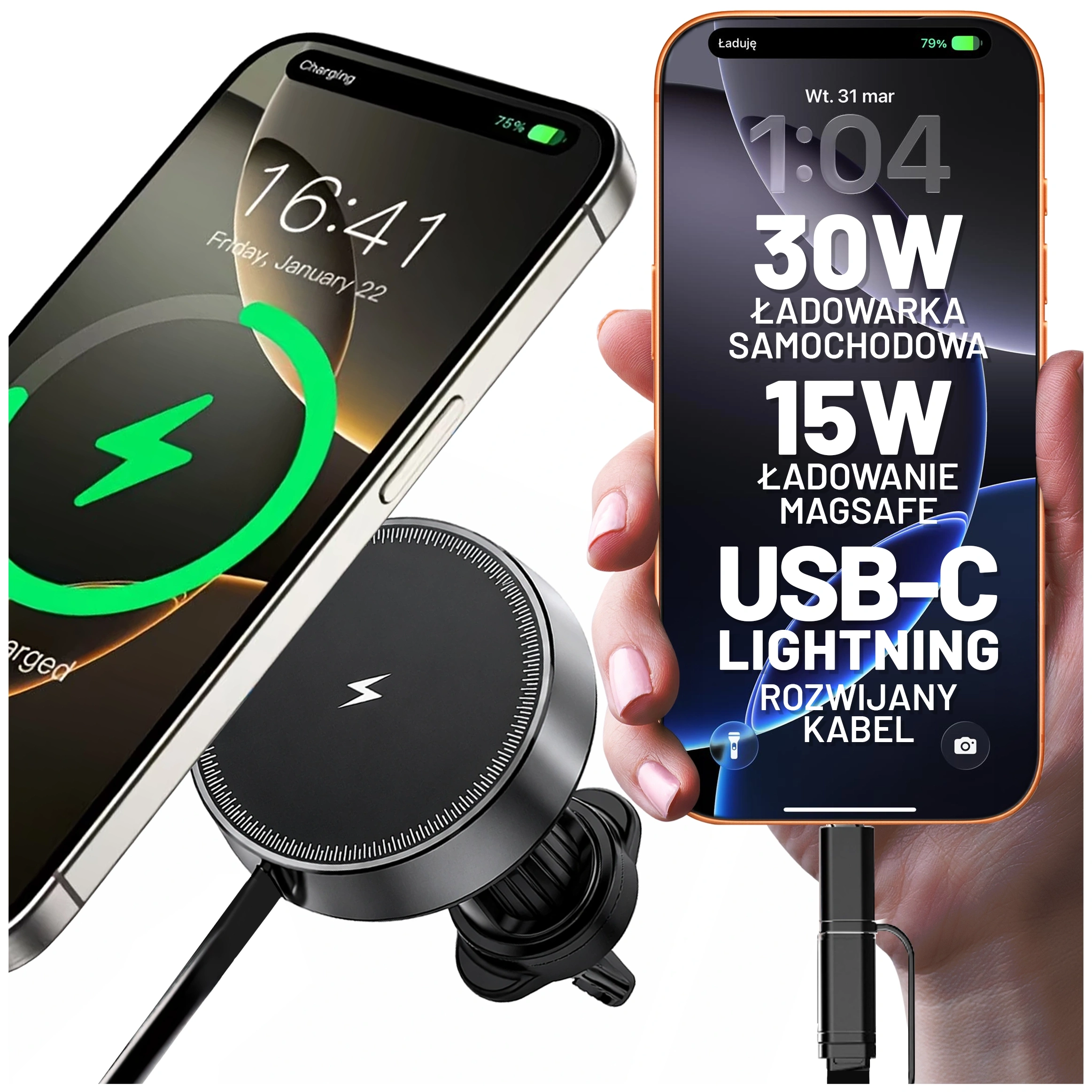 Obraz przedstawia uchwyt samochodowy do kratki z ładowarką indukcyjną Qi MagSafe 15W oraz rozwijanym kablem USB-C + Lightning PD 30W. Na ekranie telefonu widoczny jest tekst: \'30W Ładowarka Samochodowa, 15W Ładowanie MagSafe, USB-C Lightning, Rozwijany Kabel\'.