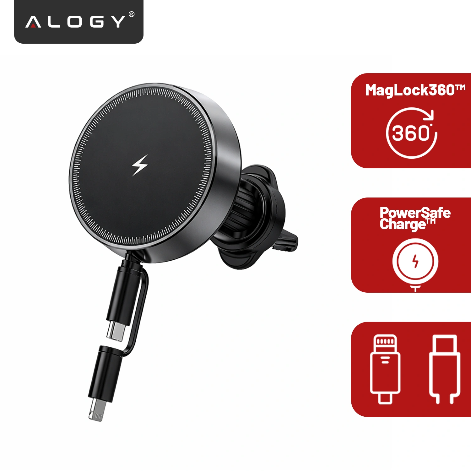Na obrazie widoczny jest czarny uchwyt samochodowy do kratki z ładowarką indukcyjną, z logo Alogy. Obok znajdują się czerwone ikony z napisami: \'MagLock360™ 360°\', \'PowerSafe Charge™\' oraz symbolem kabla USB-C i Lightning.