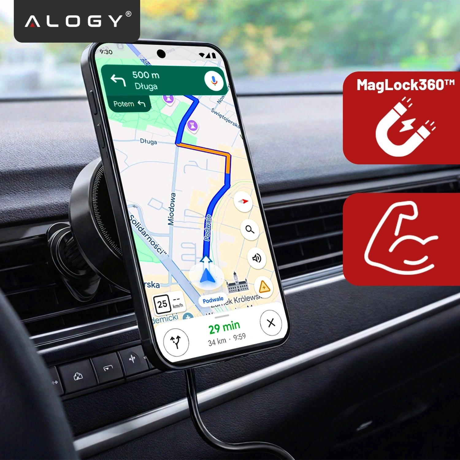 Telefon zamocowany na uchwycie samochodowym w kratce wentylacyjnej, z widoczną mapą na ekranie. Obok znajdują się dwa czerwone symbole: MagLock360™ z ikoną magnesu i ikona zgiętego ramienia.