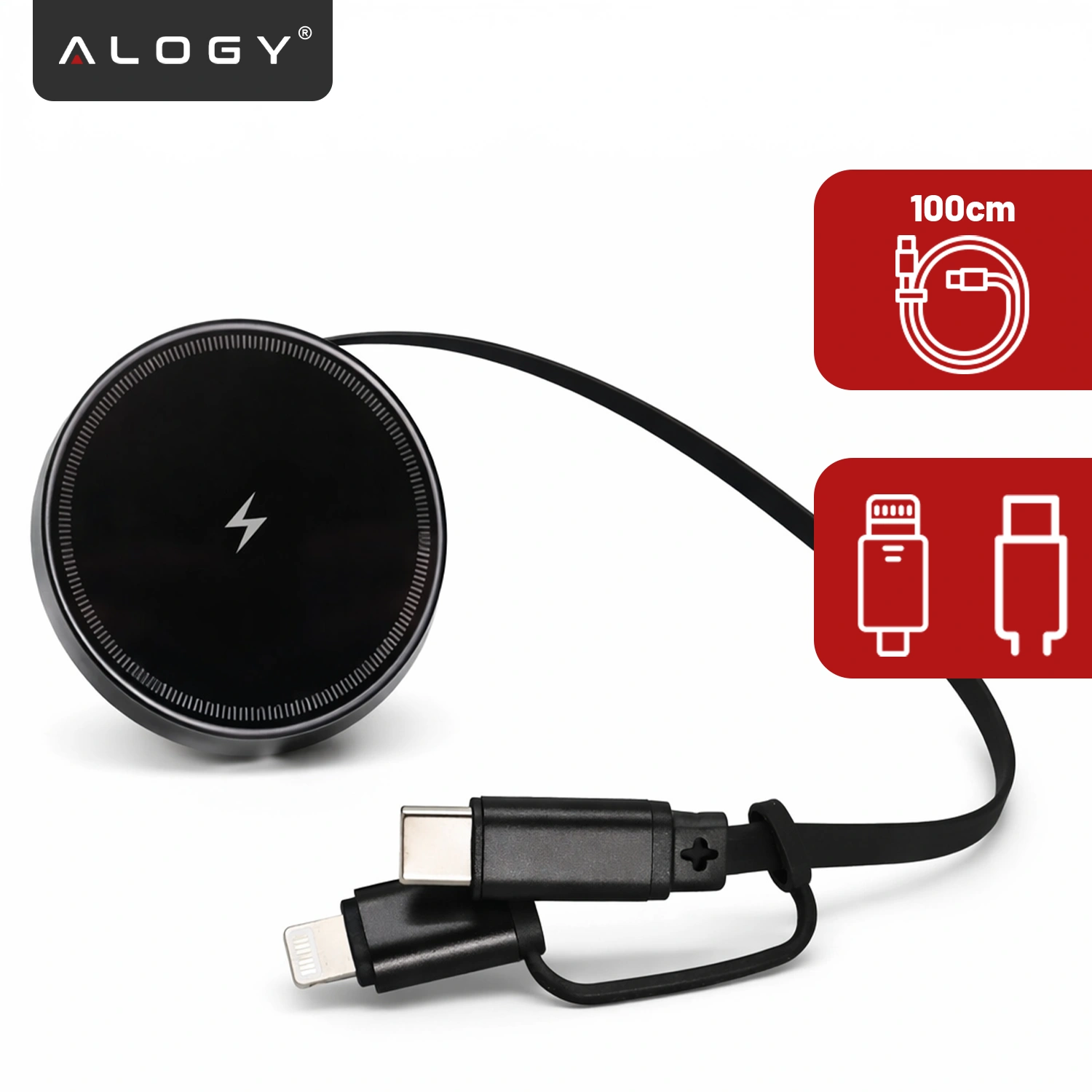 Na obrazie widoczny jest czarny uchwyt samochodowy z logo Alogy, z symbolem błyskawicy na środku. Obok znajduje się rozwijany kabel USB-C i Lightning oraz ikony przedstawiające długość kabla 100 cm i typy złączy.