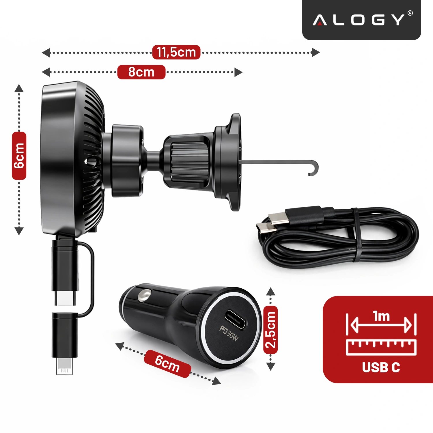 Obraz przedstawia uchwyt samochodowy do kratki z ładowarką indukcyjną, kabel USB-C oraz adapter samochodowy z oznaczeniem PD 30W. Widoczne są wymiary: 11,5 cm, 8 cm, 6 cm, 2,5 cm oraz długość kabla 1 m z logo Alogy.