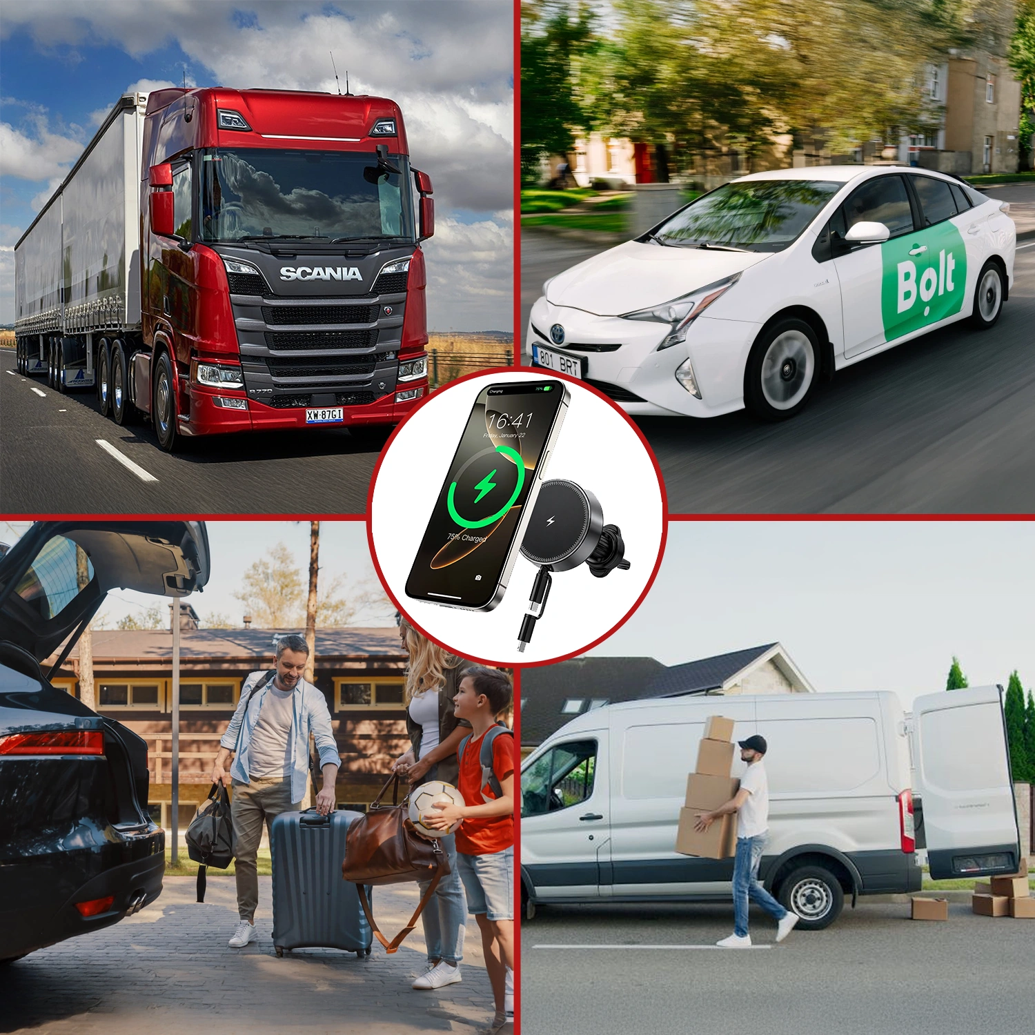 Obraz przedstawia cztery sceny z pojazdami: czerwony ciężarówka z logo \'Scania\', biały samochód z logo \'Bolt\', rodzina pakująca bagaże do samochodu oraz osoba przenosząca pudełka do białego vana. W centrum znajduje się uchwyt samochodowy z telefonem pokazującym ikonę ładowania.
