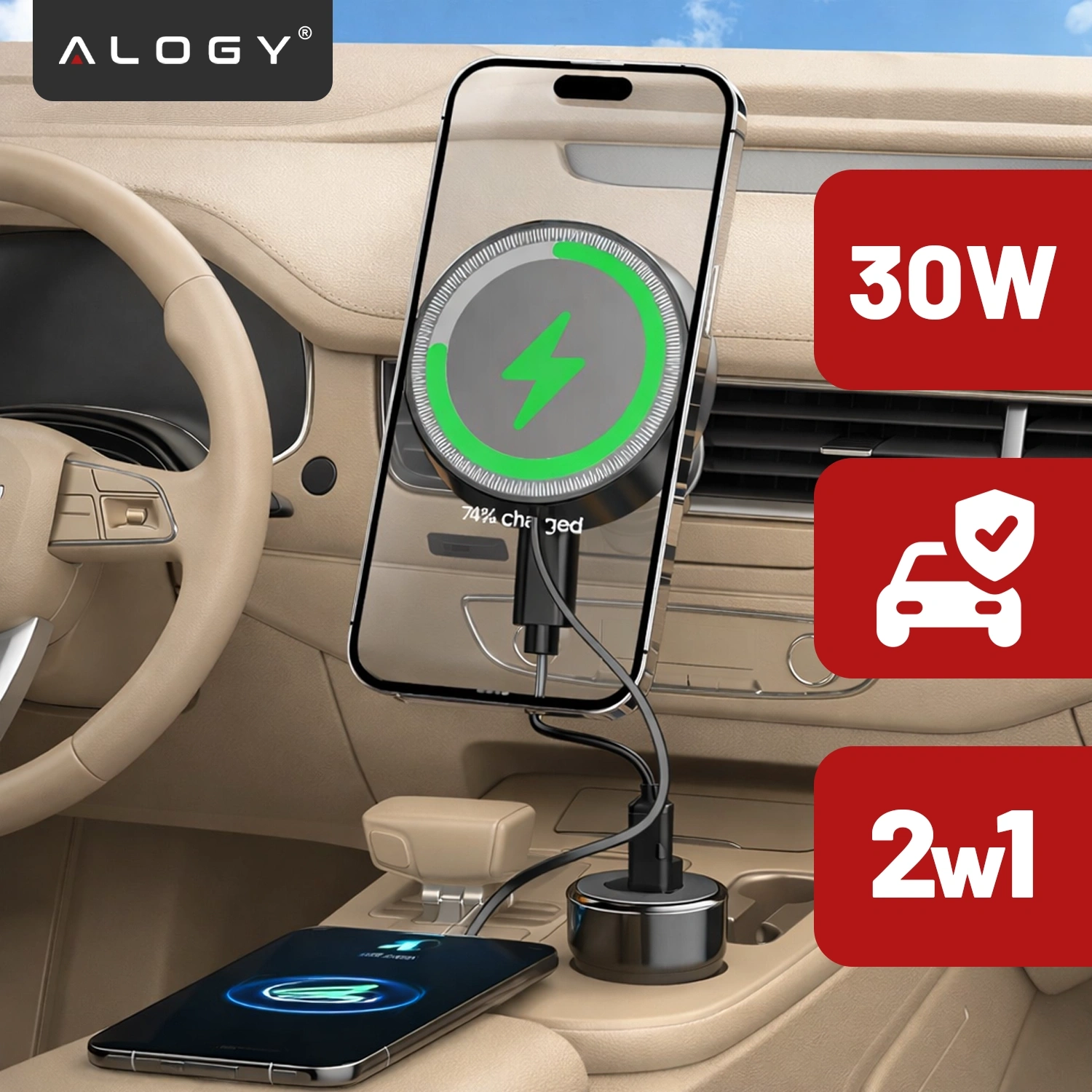 Wnętrze samochodu z uchwytem na telefon zamontowanym na kratce wentylacyjnej, z widocznym logo Alogy. Obok uchwytu znajdują się czerwone ikony z napisami \'30W\' i \'2w1\'.