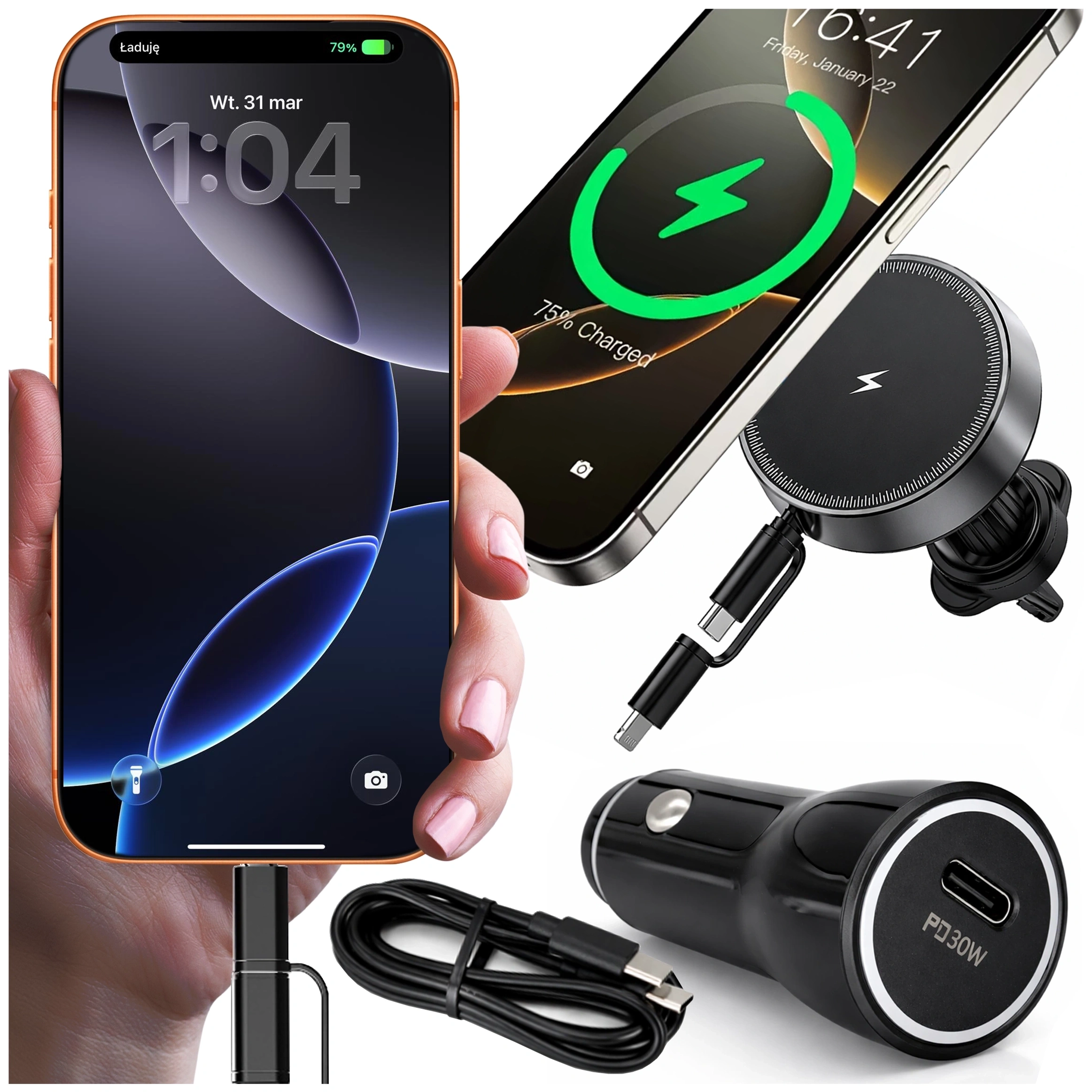 Na obrazie widoczny jest telefon z ekranem pokazującym godzinę 1:04 i napis \'Ładuje\', obok uchwyt samochodowy z ładowarką indukcyjną oraz czarny kabel USB-C i ładowarka samochodowa z oznaczeniem \'PD30W\'.