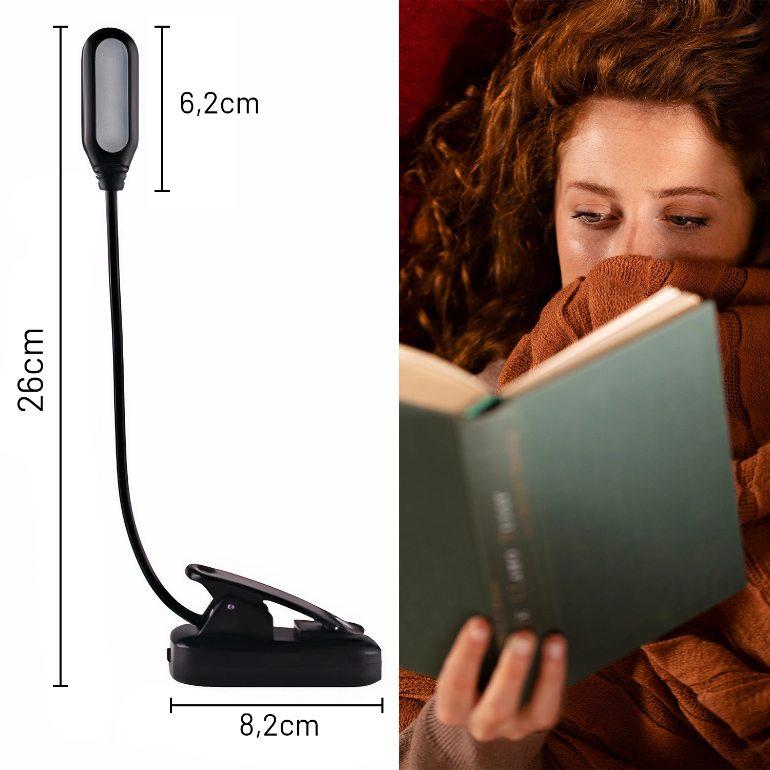 Po lewej stronie widoczna jest czarna lampka LED z klipsem, o wymiarach 26 cm wysokości i 8,2 cm szerokości podstawy, z głowicą o długości 6,2 cm. Po prawej stronie osoba czyta książkę, trzymając ją w dłoniach.