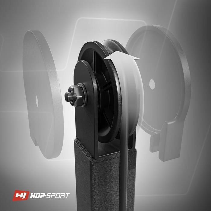 Obraz przedstawia mechanizm wyciągu pionowego z widocznym kołem pasowym i paskiem. W lewym dolnym rogu znajduje się logo \'HOP-SPORT\'.