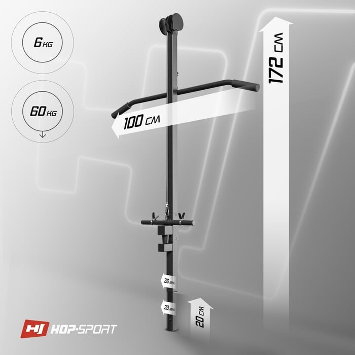 Obraz przedstawia wyciąg pionowy uniwersalny z oznaczeniami wymiarów: 172 cm wysokości, 100 cm szerokości, oraz 20 cm długości dolnej części. Widoczne są także wartości 6 kg i 60 kg oraz logo HOP-SPORT.