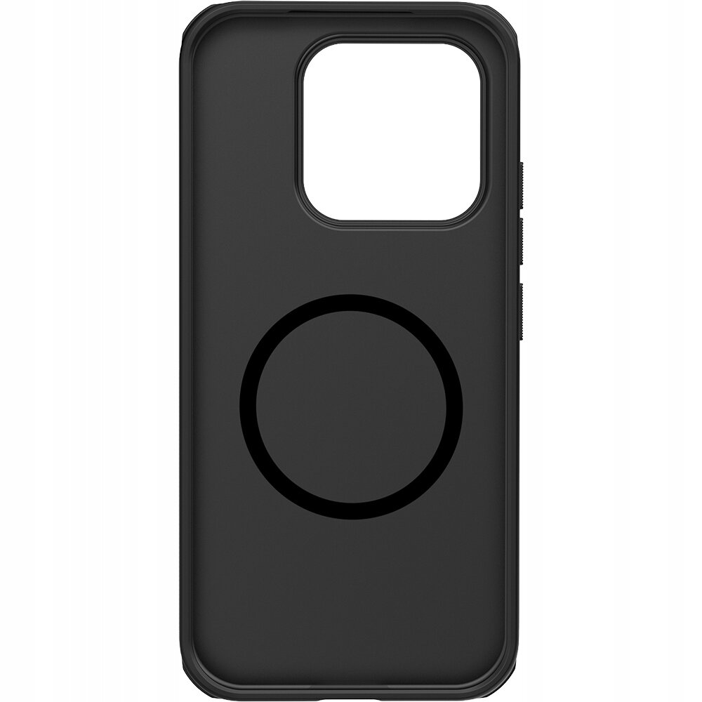 Czarne etui na telefon z dużym otworem na aparat i okrągłym wzorem na środku. Etui ma teksturowane przyciski boczne.