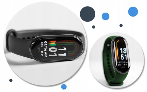 Obraz przedstawia dwa smartbandy z kolorowymi wyświetlaczami, jeden z czarnym paskiem, drugi z zielonym. Na wyświetlaczach widoczne są godziny: \'11:01\' i \'18:51\'.