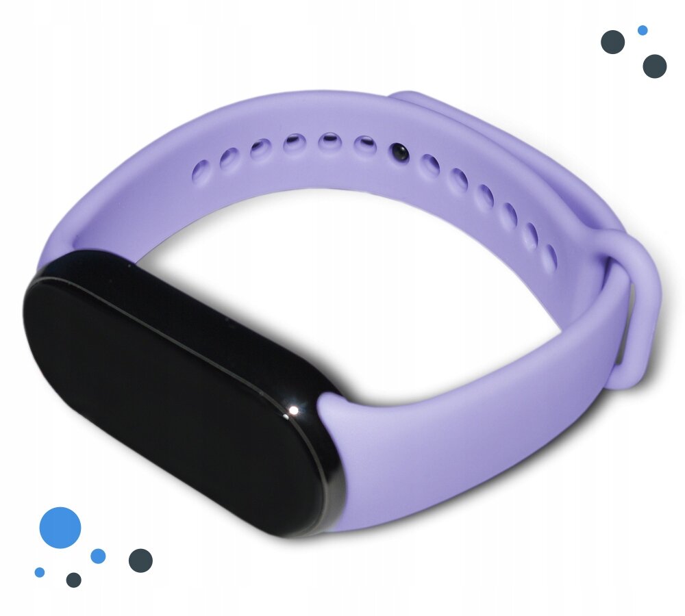 Na obrazie widoczny jest fioletowy pasek do smartband\'a z czarnym ekranem. W tle znajdują się niebieskie i czarne kropki.