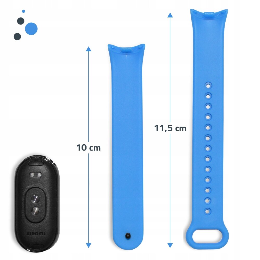 Na zdjęciu widoczny jest niebieski pasek do smartbanda z otworami regulacyjnymi oraz czarny moduł elektroniczny z napisem \'Xiaomi\'. Obok paska znajdują się strzałki z wymiarami 10 cm i 11,5 cm.