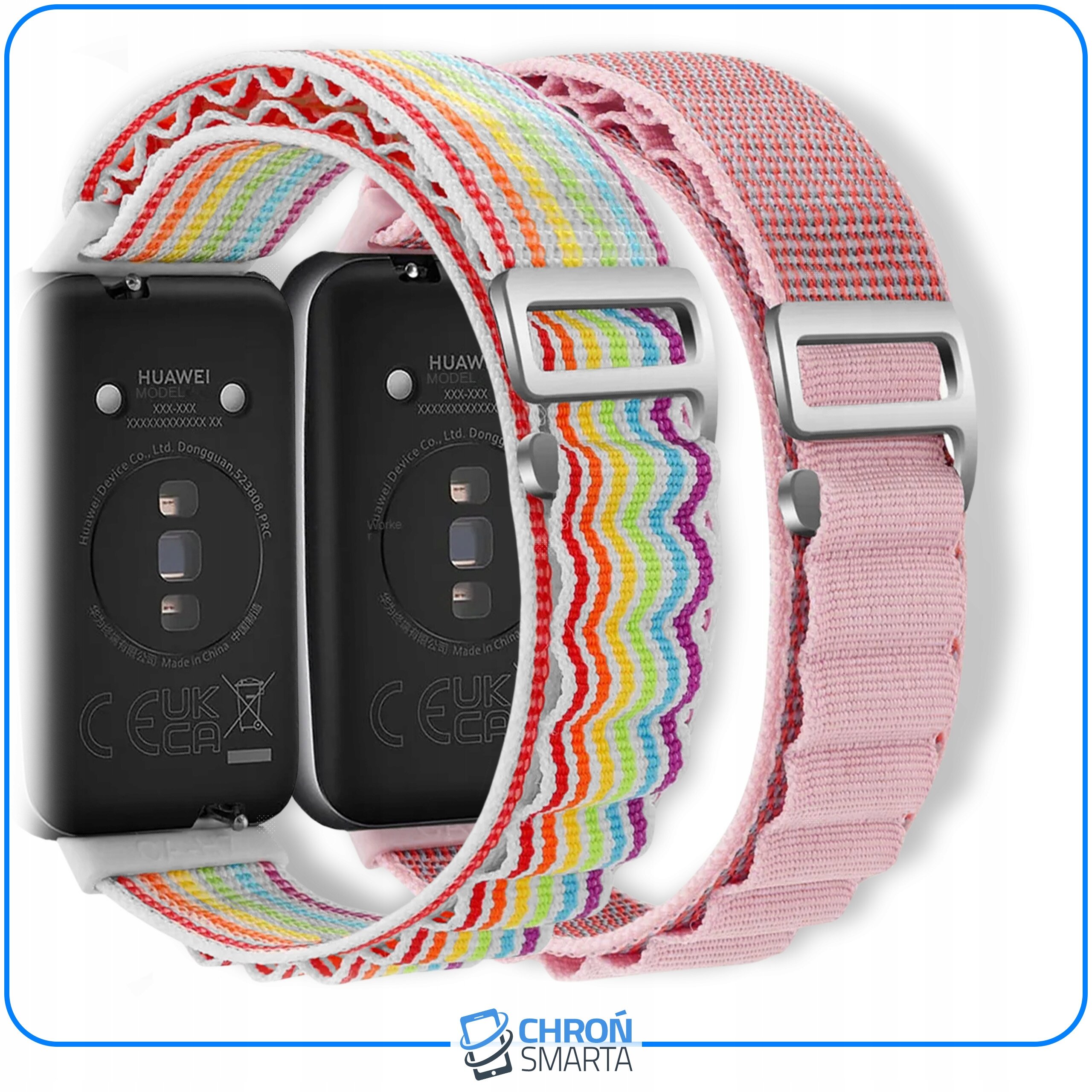 Obraz przedstawia dwa paski do smartband\'a Huawei, jeden w kolorowe paski, drugi różowy z szarymi akcentami. Widoczne są również tylne części urządzeń z napisem \'HUAWEI\' oraz logo \'CHROŃ SMARTA\'.