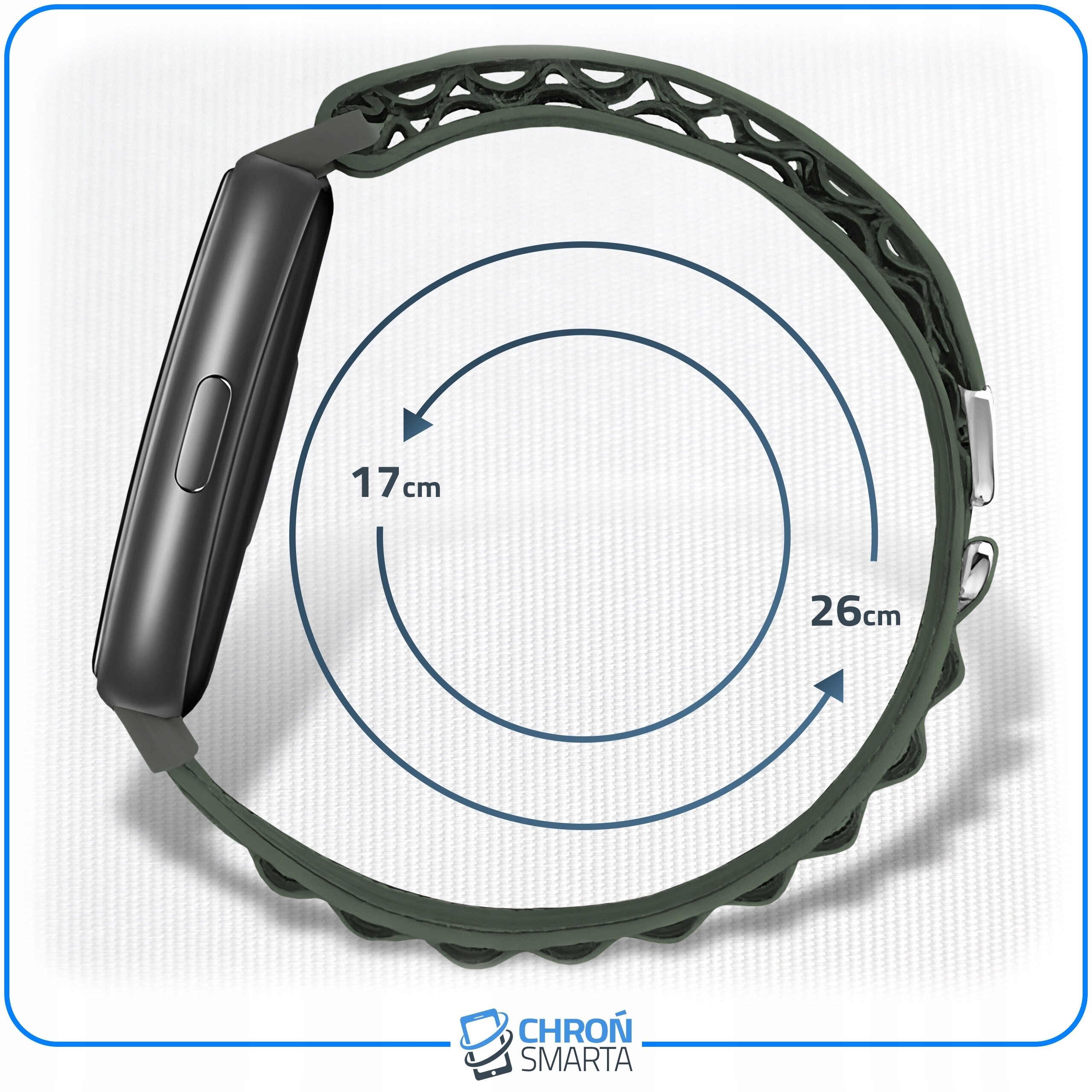 Obraz przedstawia pasek do smartband\'a z ciemnozielonym, ażurowym wzorem. Na środku widoczne są wymiary: 17 cm i 26 cm, a na dole logo \'CHROŃ SMARTA\'.