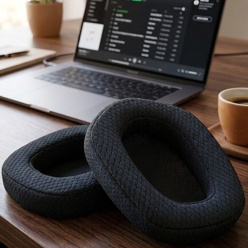 Na drewnianym biurku leżą czarne nauszniki obok otwartego laptopa z widocznym interfejsem aplikacji muzycznej. Obok znajduje się filiżanka z napojem.