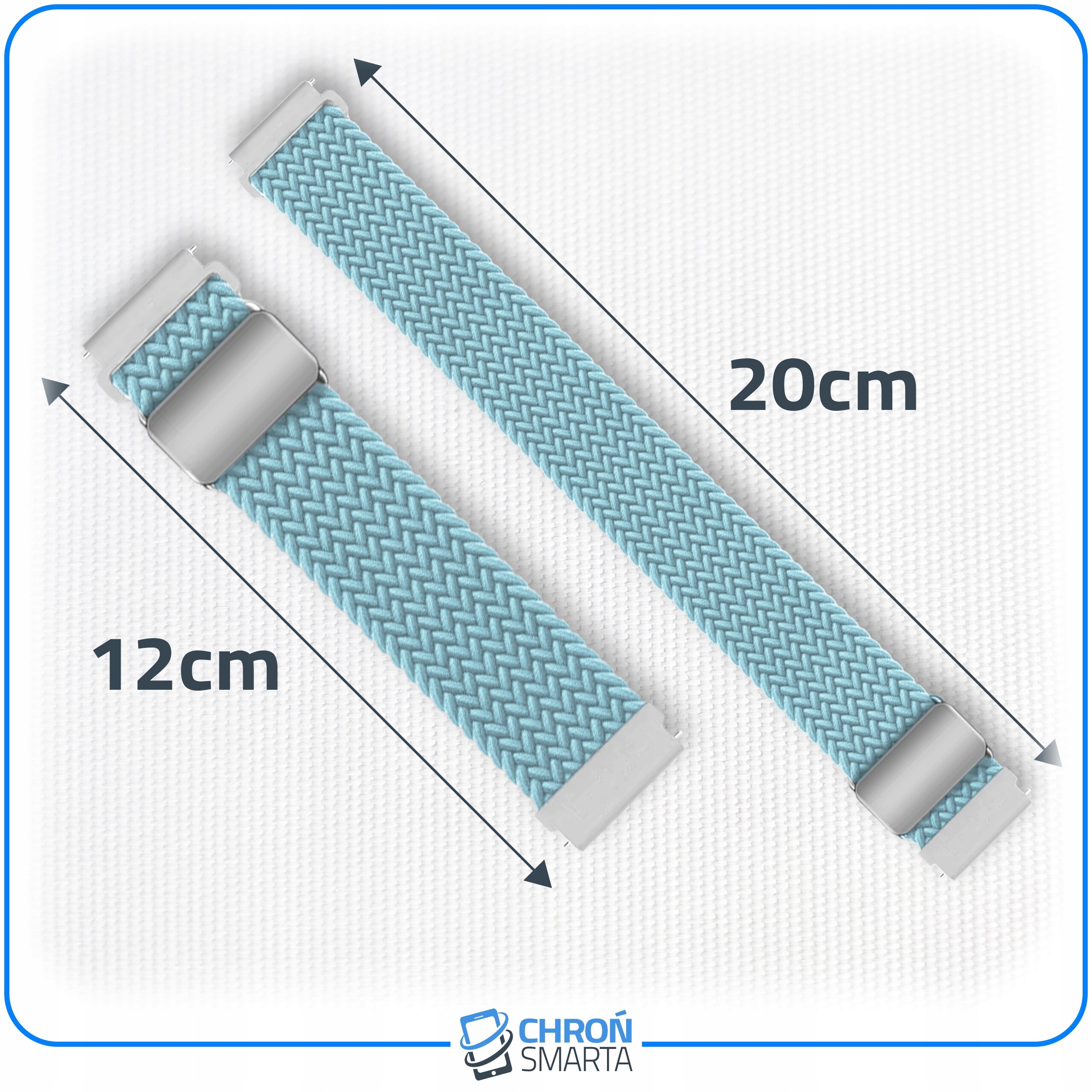 Na obrazie widoczne są dwa niebieskie paski do smartwatcha o długościach 12 cm i 20 cm. W prawym dolnym rogu znajduje się logo \'CHROŃ SMARTA\'.