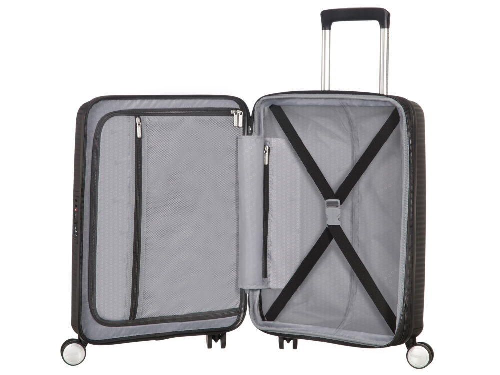 Walizka AMERICAN TOURISTER SoundBox 55 cm Czarny elastyczne poprzeczne pasy zabezpieczające wyściełana przegroda dodatkowa kieszeń zapinana na zamek