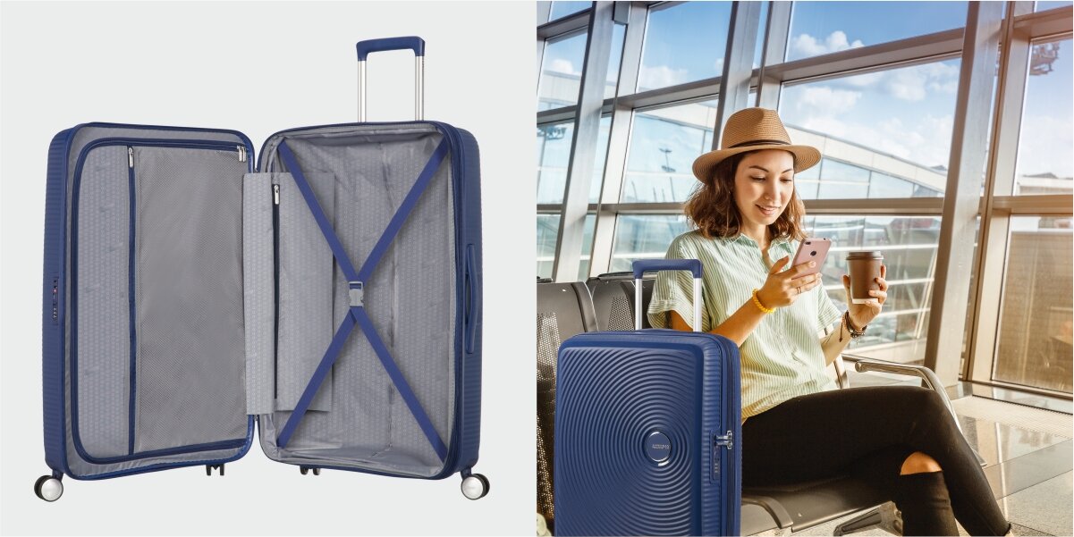 Walizka AMERICAN TOURISTER SoundBox 55 cm otwarta wnętrze środek pasy Organizacja wnętrza Elastyczne poprzeczne pasy zabezpieczającee granatowy kolor Wyściełana przegroda dodatkowa kieszeń zamek lepsza Organizacja