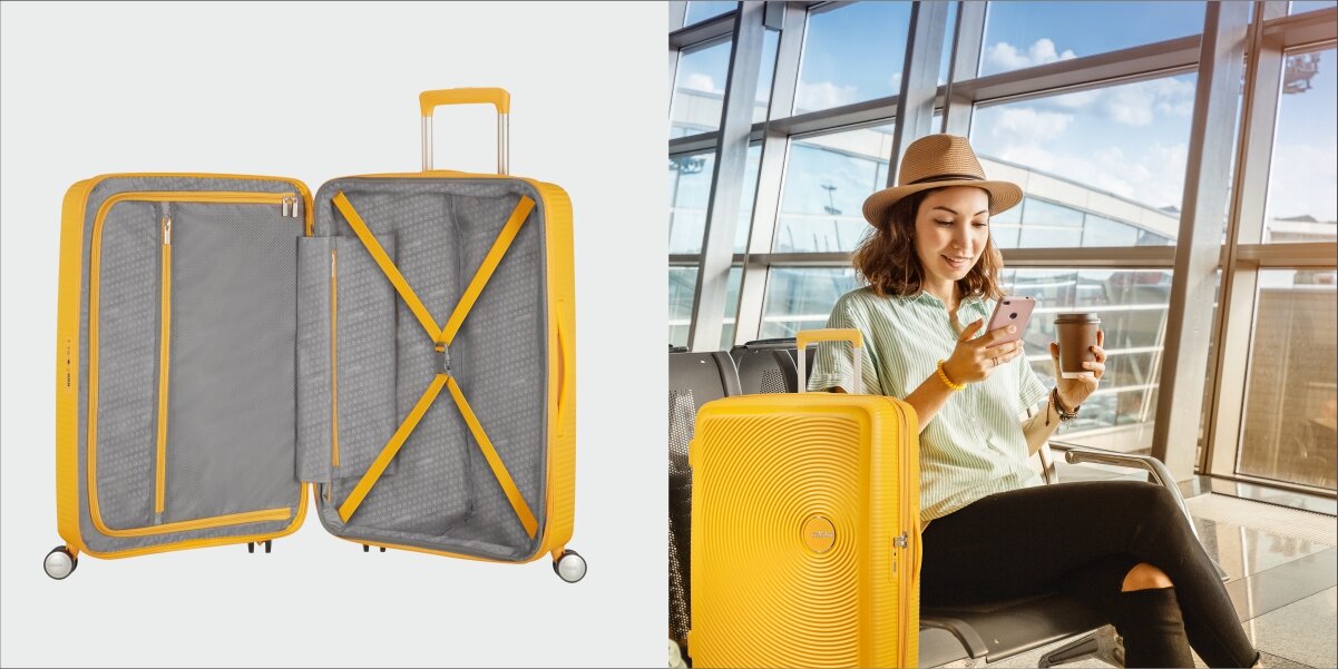Walizka AMERICAN TOURISTER SoundBox 55 cm otwarta wnętrze środek pasy Organizacja wnętrza Elastyczne poprzeczne pasy zabezpieczającee żółty kolor Wyściełana przegroda dodatkowa kieszeń zamek lepsza Organizacja