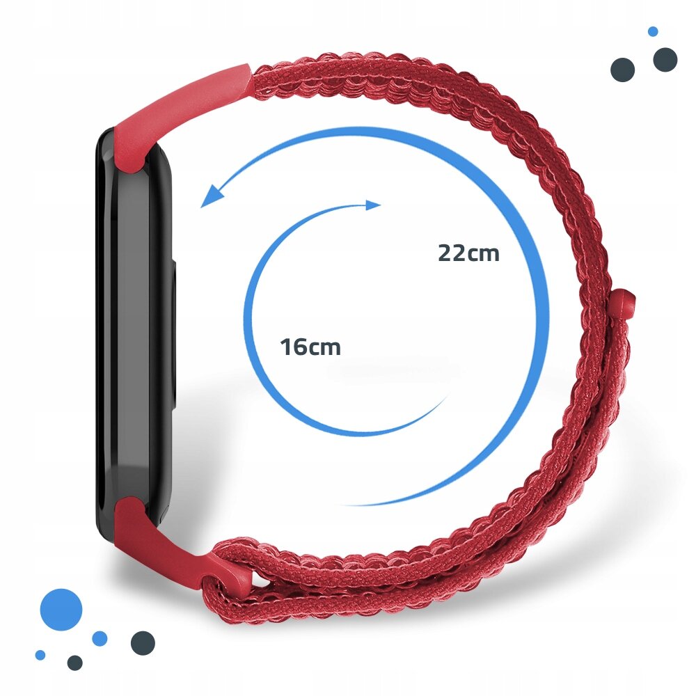 Czerwony pasek do smartband\'a z widocznymi wymiarami 16 cm i 22 cm, przedstawiony na białym tle z niebieskimi strzałkami wskazującymi długość. W tle znajdują się niebieskie i czarne kropki dekoracyjne.
