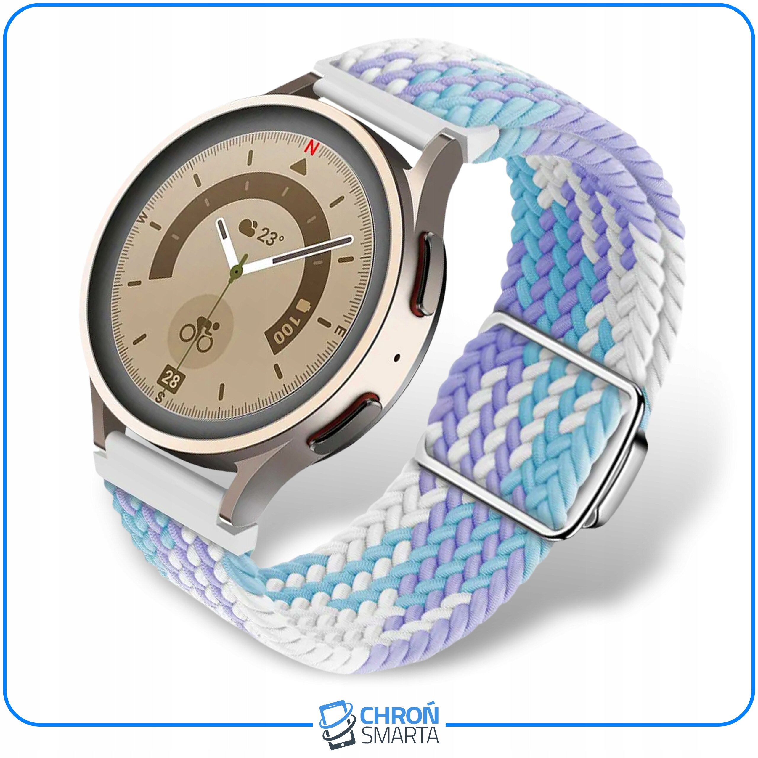 Smartwatch z okrągłą tarczą i kolorowym, plecionym paskiem w odcieniach bieli, niebieskiego i fioletu. Na tarczy widoczne są wskaźniki pogody, kompasu i daty, a na dole znajduje się logo \'CHROŃ SMARTA\'.