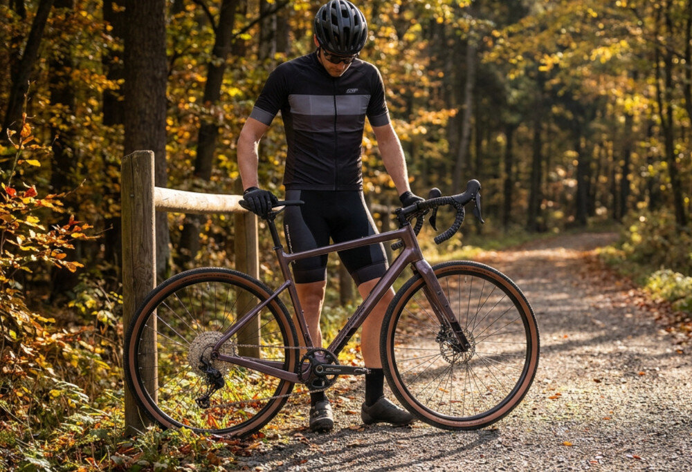 Rower gravel ROCK MACHINE Lukk CR 30 U21 28 cali Fioletowy las osoba stoi przy rowerze w tle las stery TOKEN S-Box płynne obracanie kierownicy stabilne połączenie widelca z ramą precyzyjne prowadzenie przedniego koła ogranicza powstawanie luzów