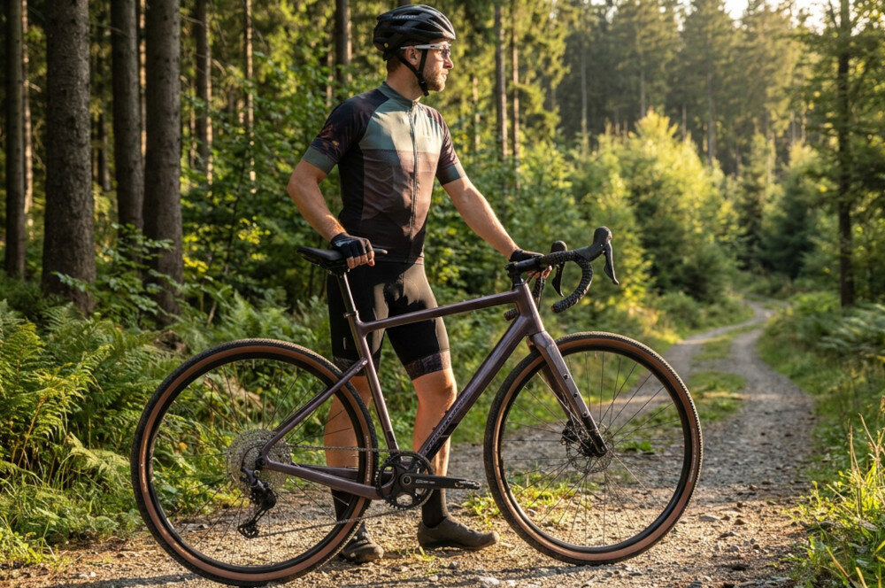 Rower gravel ROCK MACHINE Lukk CR 30 U21 28 cali Fioletowy ścieżka las osoba stoi przy rowerze w tle las domy osoba patrzy w dal przedni widelec ROCK MACHINE Full Carbon Tapered niska masa odpowiednia sztywność konstrukcji karbon skutecznie ogranicza przenoszenie drobnych drgań zwężana rura sterowa (Tapered) bardziej precyzyjne prowadzenie pewniejsze pokonywanie zakrętów i nierówności