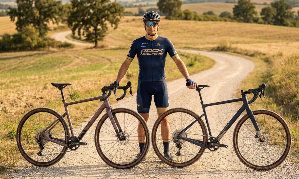 Rower gravel ROCK MACHINE Lukk CR 30 U21 28 cali Fioletowy droga osoba stoi pośrodku dwóch rowerów w tle las łąka pole pasja hobby lekkość wszechstronność