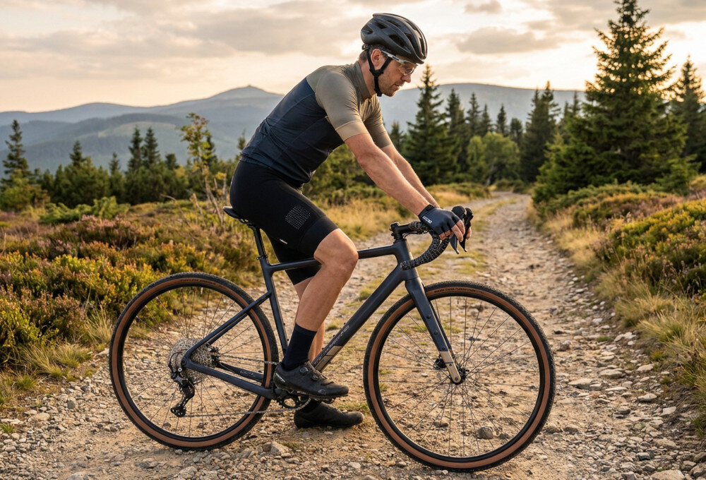 Rower gravel ROCK MACHINE Lukk CR 30 U21 28 cali Fioletowy ścieżka osoba siedzi na rowerze w tle pasmo górskie osoba patrzy w dal stery TOKEN S-Box płynne obracanie kierownicy stabilne połączenie widelca z ramą precyzyjne prowadzenie przedniego koła ogranicza powstawanie luzów