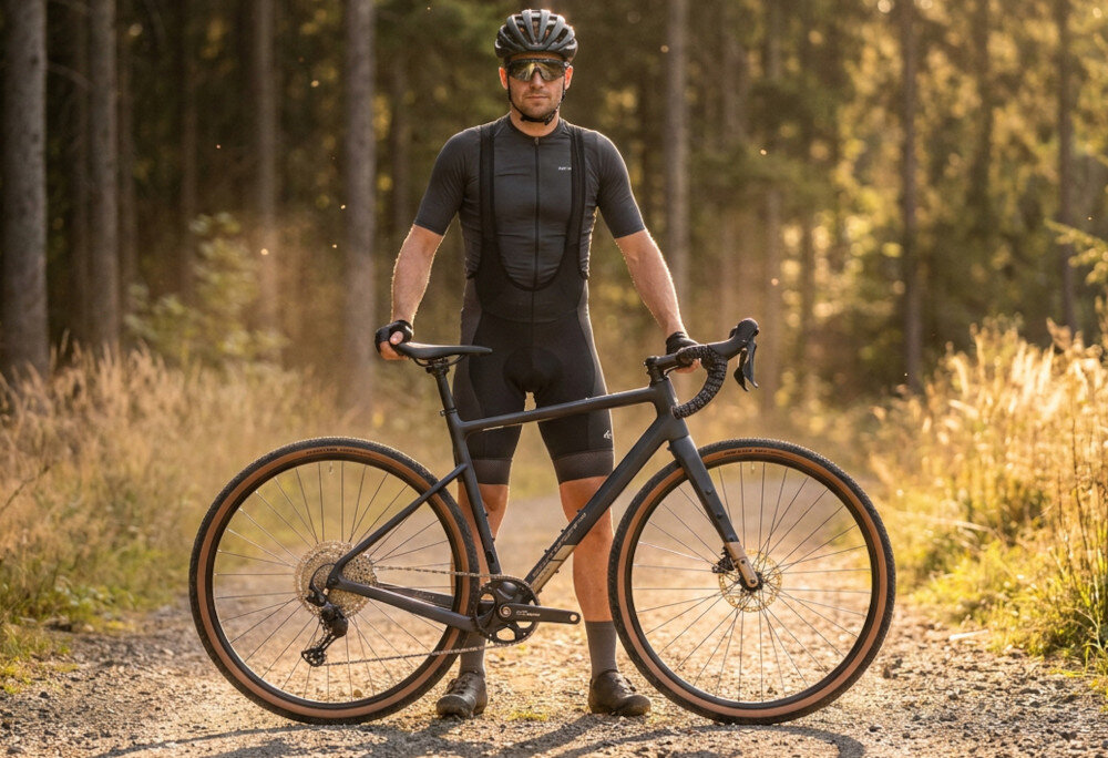 Rower gravel ROCK MACHINE Lukk CR 30 U22 28 cali Fioletowy droga leśna osoba stoi za rowerem w tle las do jazdy asfaltowej z trasami szutrowymi leśnymi drogami nierównymi ścieżkami poza miastem konstrukcja typu gravel szybkość roweru szosowego stabilność komfort wszechstronny charakter roweru