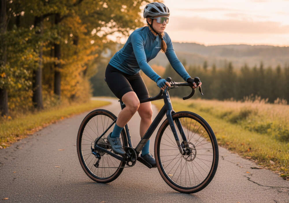 Rower gravel ROCK MACHINE Lukk CR 10 U19 28 cali Niebieski ulica osoba jedzie na rowerze w tle góry las stery TOKEN S-Box płynne obracanie kierownicy stabilne połączenie widelca z ramą precyzyjne prowadzenie przedniego koła ogranicza powstawanie luzów