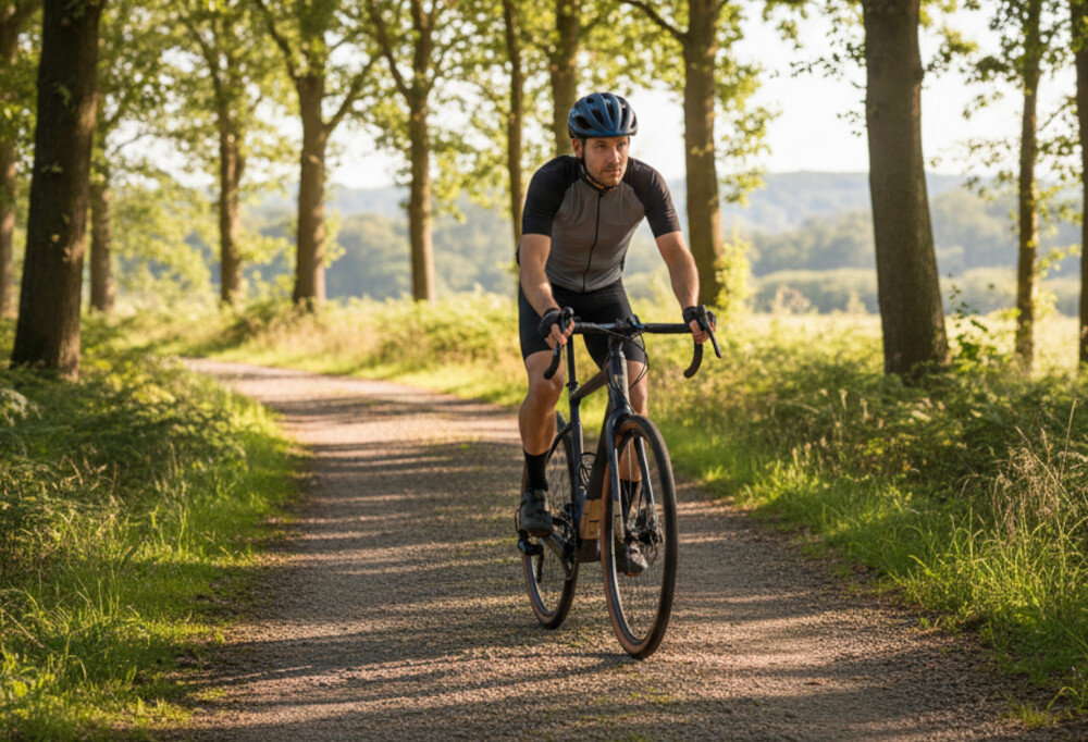 Rower gravel ROCK MACHINE Lukk CR 10 U19 28 cali Niebieski ścieżka osoba jedzie na rowerze w tle las domy przedni widelec ROCK MACHINE Full Carbon Tapered niska masa odpowiednia sztywność konstrukcji karbon skutecznie ogranicza przenoszenie drobnych drgań zwężana rura sterowa (Tapered) bardziej precyzyjne prowadzenie pewniejsze pokonywanie zakrętów i nierówności