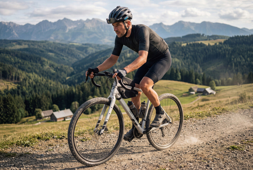 Rower gravel ROCK MACHINE Lukk 20 Flat Bar U20 28 cali Szary mat ścieżka osoba jedzie na rowerze w tle góry las domy przedni widelec ROCK MACHINE typu Gravel Specific z lekkiego aluminium Alloy Custom Tubing efektywne przenoszeni energii sztywniejsza rama bardziej dynamiczna jazda