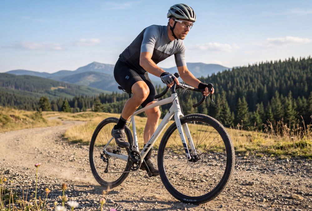 Rower gravel ROCK MACHINE Lukk 20 Flat Bar U21 28 cali Szary mat ścieżka osoba jedzie na rowerze w tle góry las pasja hobby lekkość wszechstronność