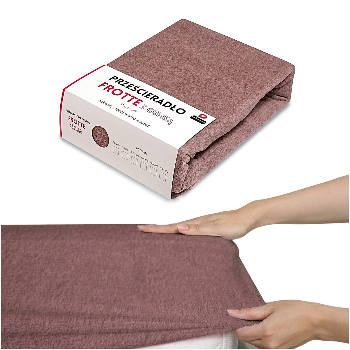 Na obrazie widoczne jest złożone prześcieradło frotte w kolorze brązowym z etykietą z napisem \'PRZEŚCIERADŁO FROTTE z GUMKĄ\'. Poniżej pokazano ręce naciągające prześcieradło na materac.