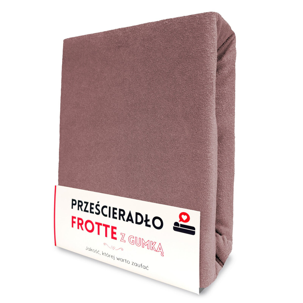 Zdjęcie przedstawia złożone prześcieradło frotte w kolorze brązowym z gumką. Na opakowaniu widnieje tekst: \'PRZEŚCIERADŁO FROTTE Z GUMKĄ Jakość, której warto zaufać\'.