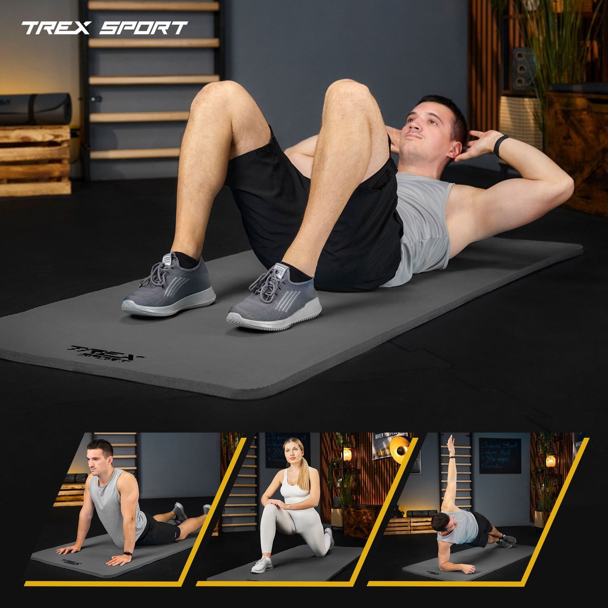 Osoba ćwiczy na szarej macie do ćwiczeń z logo \'TREX SPORT\'. W dolnej części obrazu znajdują się trzy mniejsze zdjęcia przedstawiające różne pozycje ćwiczeń na tej samej macie.