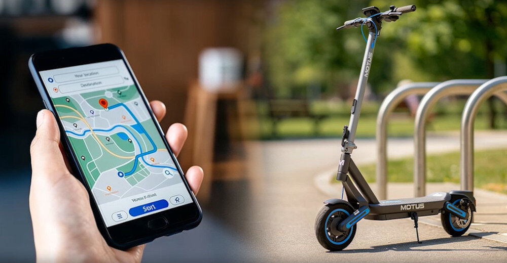 Po lewej stronie widoczny jest smartfon z mapą i zaznaczoną trasą, po prawej elektryczna hulajnoga z napisem \'MOTUS\'.