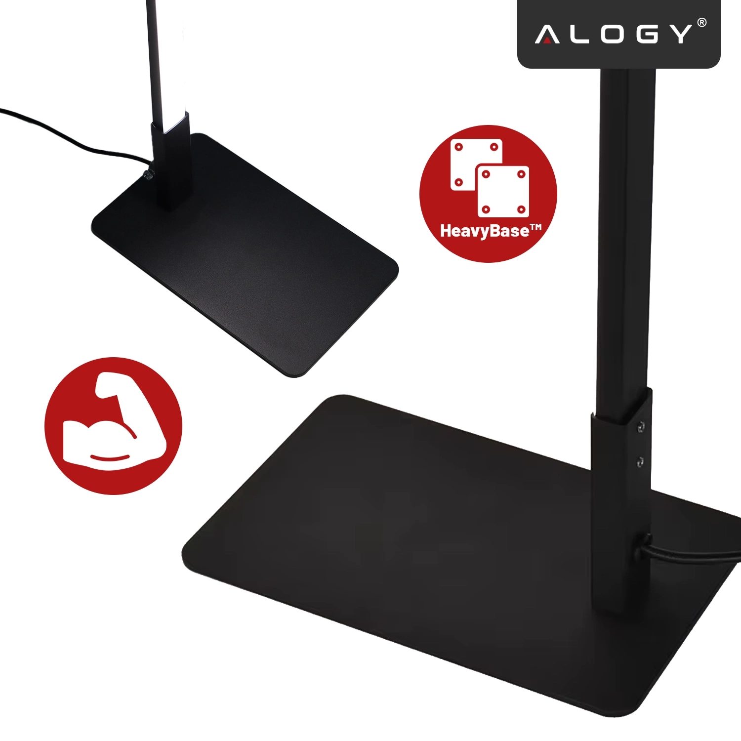 Czarna podstawa lampki biurkowej z logo \'ALOGY\' oraz symbolami \'HeavyBase™\' i zgiętego bicepsa na czerwonym tle.