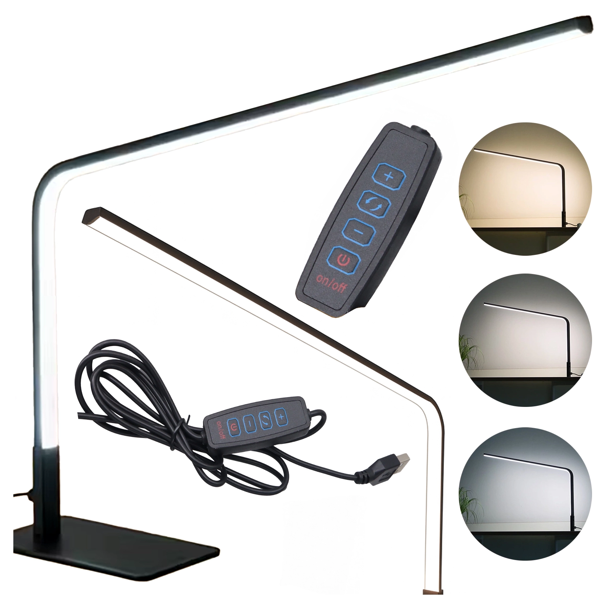 Czarna lampka biurkowa LED z regulowanym ramieniem, pilotem z przyciskami do zmiany trybów i jasności oraz kablem USB. Obok lampki widoczne są trzy okrągłe zdjęcia przedstawiające różne tryby oświetlenia.