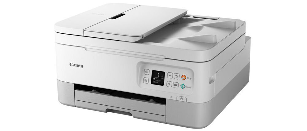 Białe urządzenie wielofunkcyjne z widocznym logo Canon, posiada panel sterowania z wyświetlaczem i przyciskami. Urządzenie ma podajnik papieru na górze i miejsce na wydruki na dole.