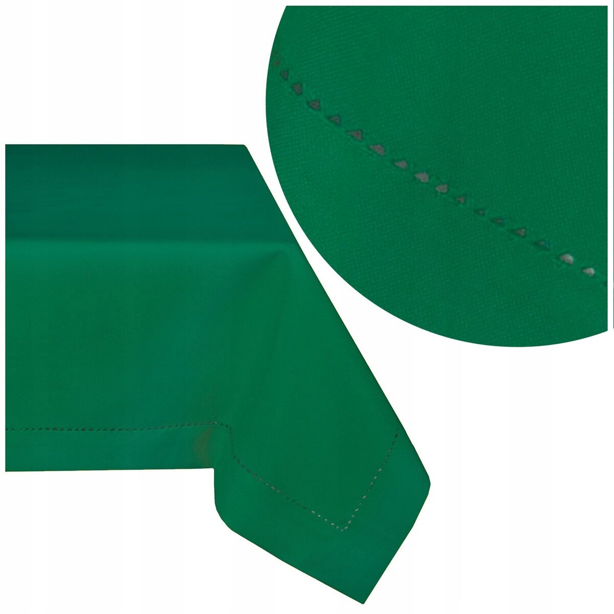 Obraz przedstawia zielony bieżnik z widoczną mereżką na krawędzi. W prawym górnym rogu znajduje się zbliżenie na detal mereżki.