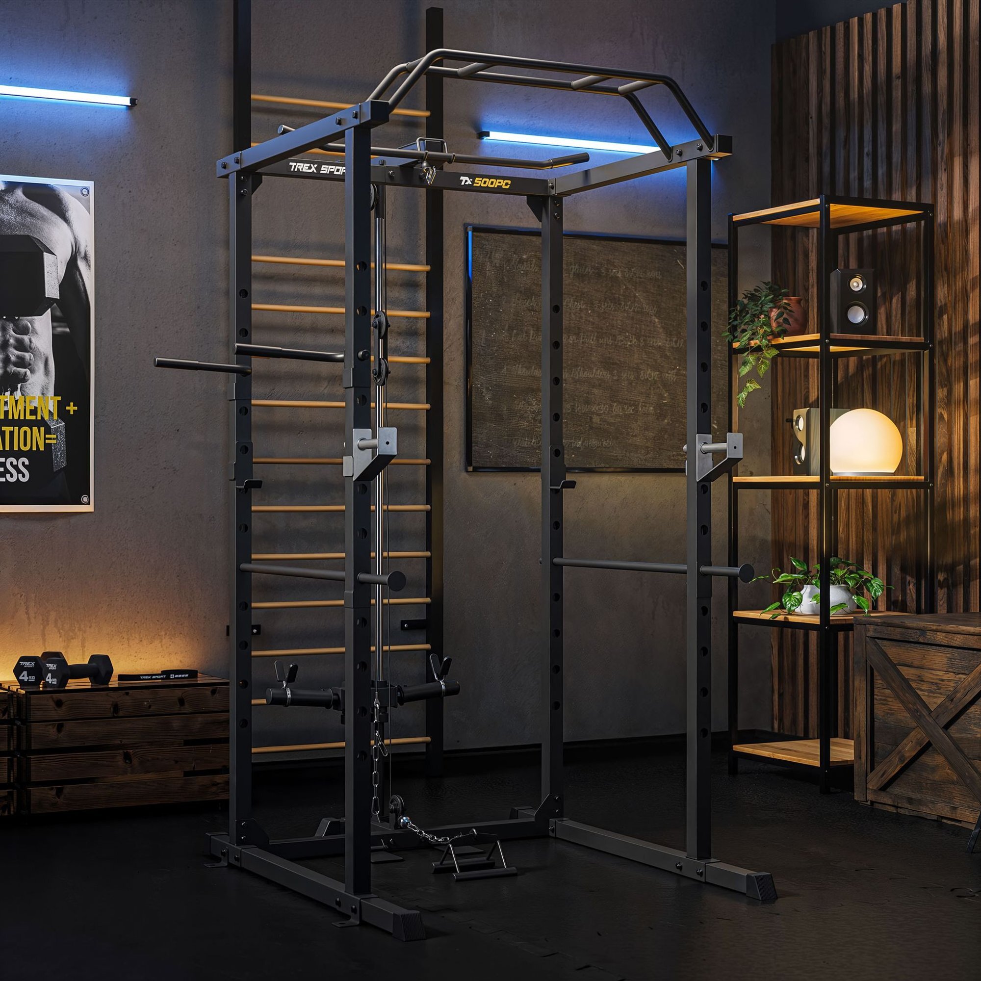 Na obrazie znajduje się czarna klatka treningowa z wyciągiem górnym i dolnym, oznaczona napisami \'TREX SPORT\' i \'TX-500PC\'. W tle widoczne są elementy wyposażenia siłowni, takie jak hantle i plakat z napisem \'MOVEMENT + NUTRITION = SUCCESS\'.
