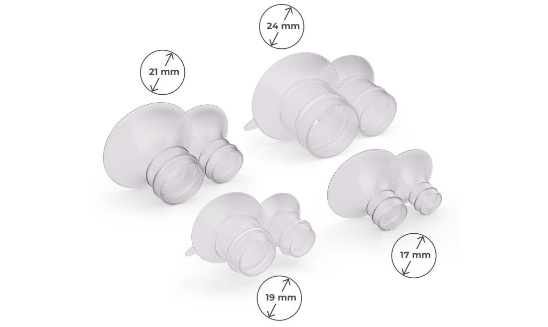 Na obrazie widoczne są cztery przezroczyste nakładki o różnych rozmiarach: 24 mm, 21 mm, 19 mm i 17 mm, każda oznaczona odpowiednim symbolem z wymiarem.