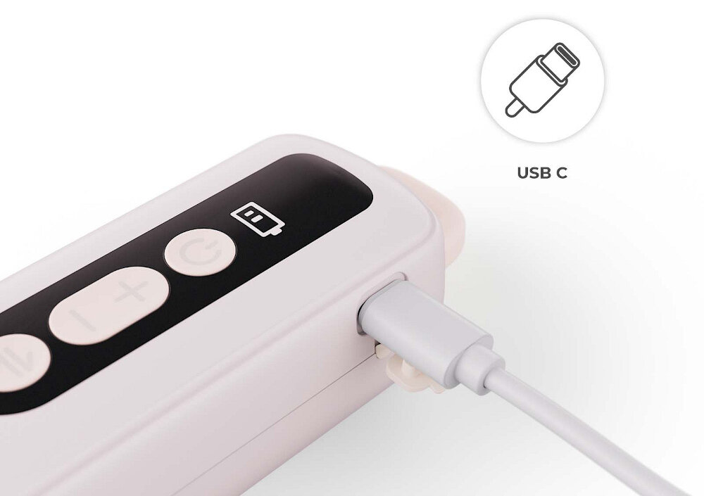 Na obrazie widoczny jest fragment urządzenia z przyciskami i podłączonym kablem USB C. Obok znajduje się ikona z napisem \'USB C\'.