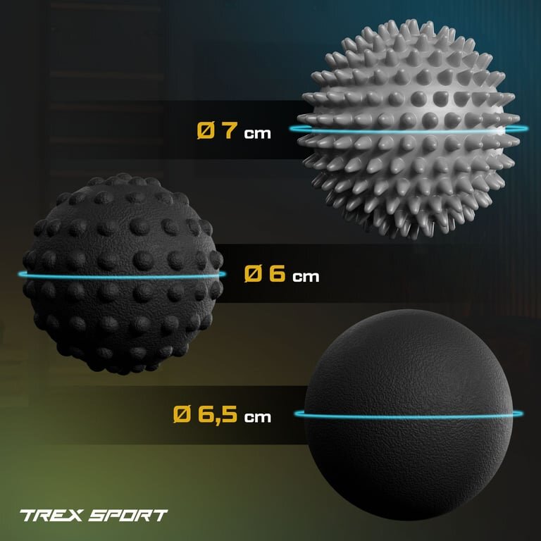 Obraz przedstawia trzy piłeczki sensoryczne o różnych teksturach i rozmiarach: 7 cm, 6 cm i 6,5 cm. W lewym dolnym rogu widoczne jest logo \'TREX SPORT\'.